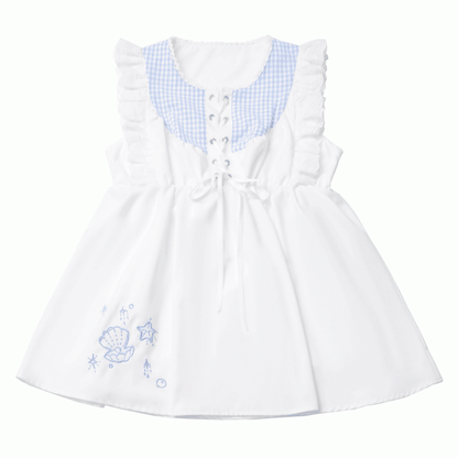 Seashell and Starfish Embroidery White and Blue Plaid Lace-up Front Flutter Sleeves Top