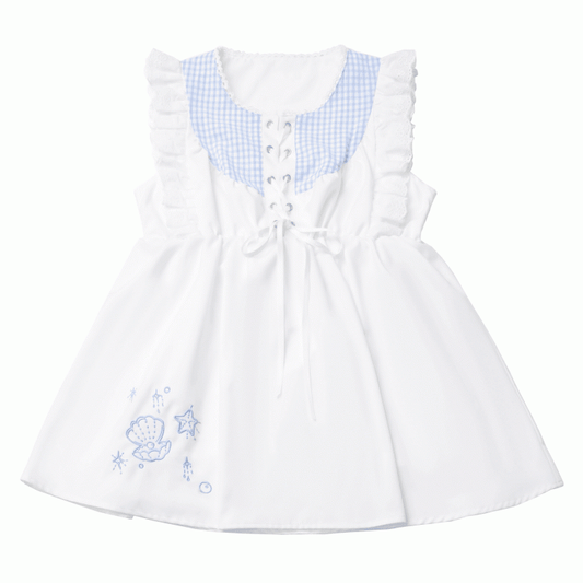 Seashell and Starfish Embroidery White and Blue Plaid Lace-up Front Flutter Sleeves Top