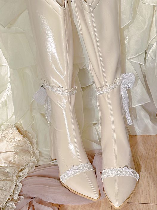 Beige Pointed Toe Lace and Beaded Chain 7CM Block Heel Knee-high Boots