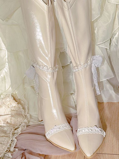 Beige Pointed Toe Lace and Beaded Chain 7CM Block Heel Knee-high Boots