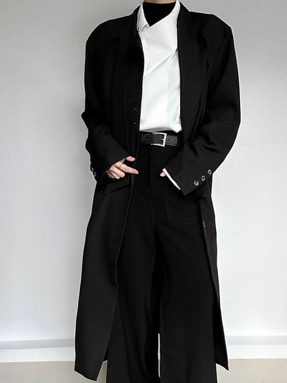 Ouji Lolita Black Vintage Long Trench Coat with Button Placket & Tie Neck
