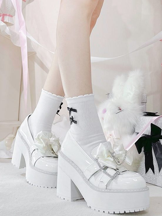 Polished White Jirai Kei Cross Chain Decorated Bow Rhinestoned Buckles Platform Loafers