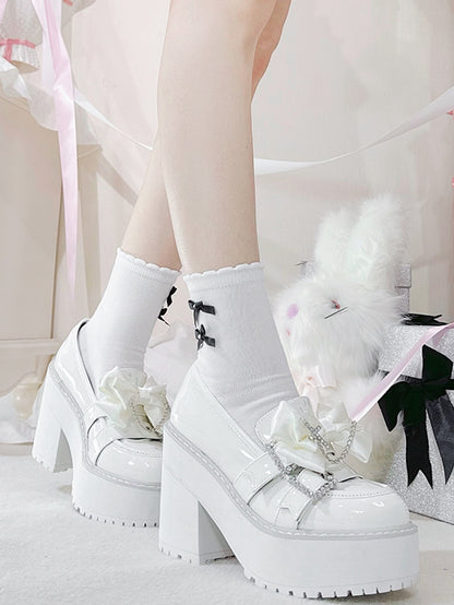Polished White Jirai Kei Cross Chain Decorated Bow Rhinestoned Buckles Platform Loafers
