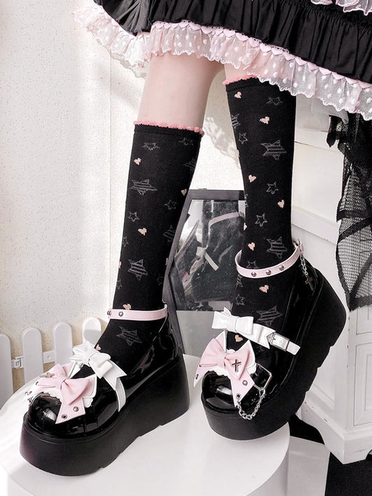 Punk Crosses and Chains Black Bow Accents Platforms Buckle Ankle Strap