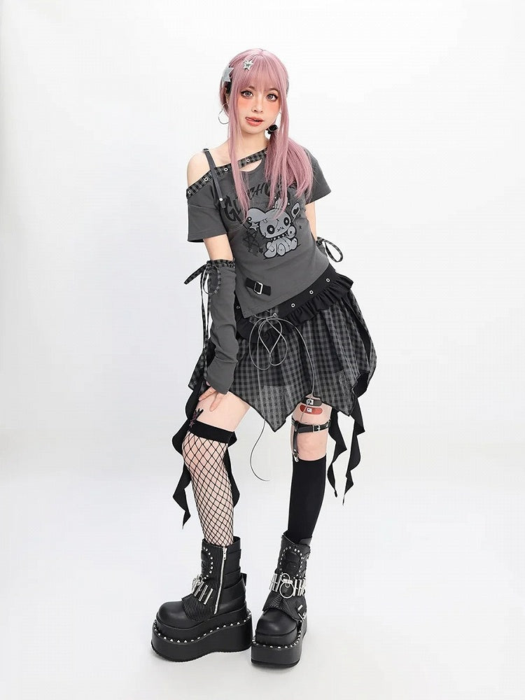 Y2K Red & Black/Black & Gray Plaid Handkerchief Hem Skirt with Lace-up Detail