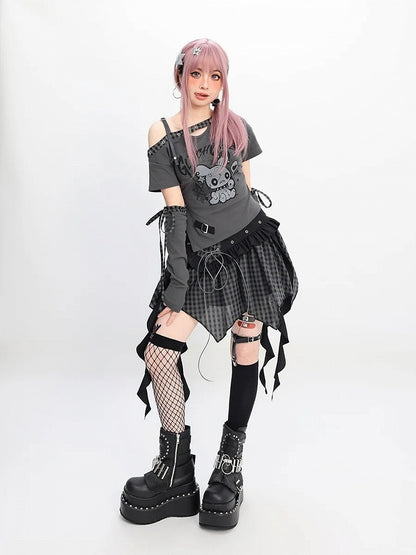 Y2K Red & Black/Black & Gray Plaid Handkerchief Hem Skirt with Lace-up Detail