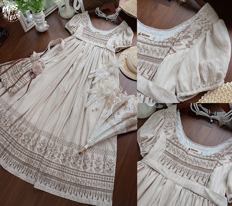 Foldover Design Neckline Brown Vintage Embroidery Empire Waist Elegant Lolita One Piece Long/Short Version