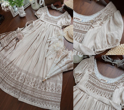 Foldover Design Neckline Brown Vintage Embroidery Empire Waist Elegant Lolita One Piece Long/Short Version