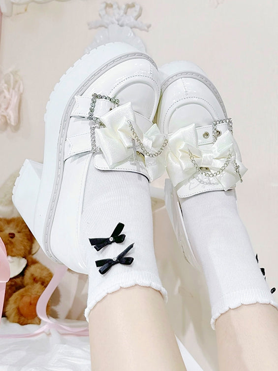 Polished White Jirai Kei Cross Chain Decorated Bow Rhinestoned Buckles Platform Loafers