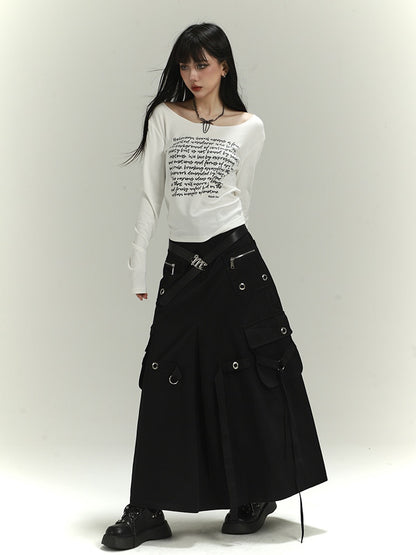 Black Zipper and Ring Detail Cargo Pockets Loose Skirt