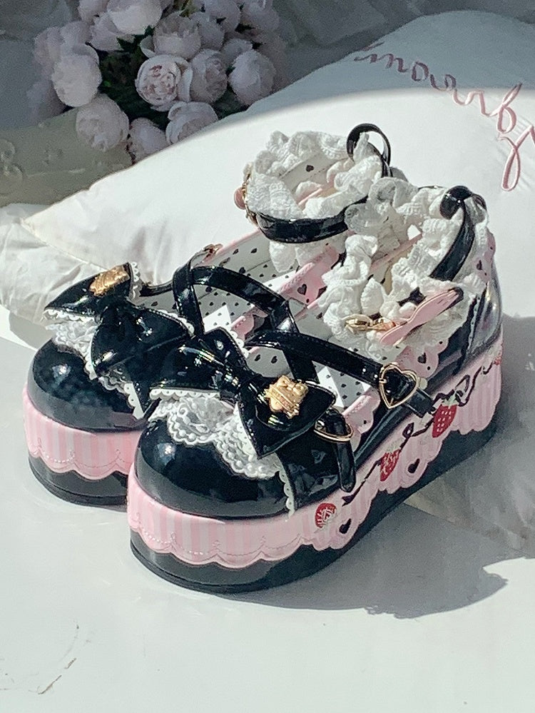 Berry-themed Details, Striped Scalloped Edging & Delicate Bow PU Black Platform Shoes in Sweet Lolita
