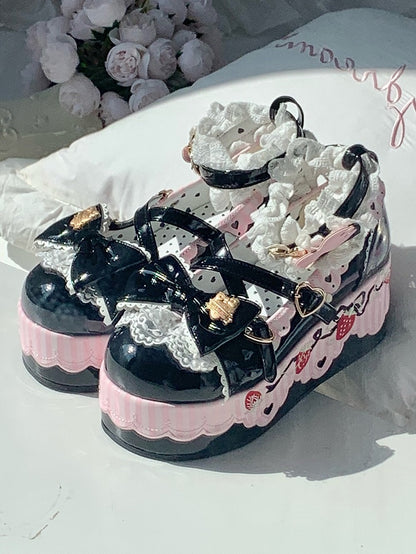Berry-themed Details, Striped Scalloped Edging & Delicate Bow PU Black Platform Shoes in Sweet Lolita