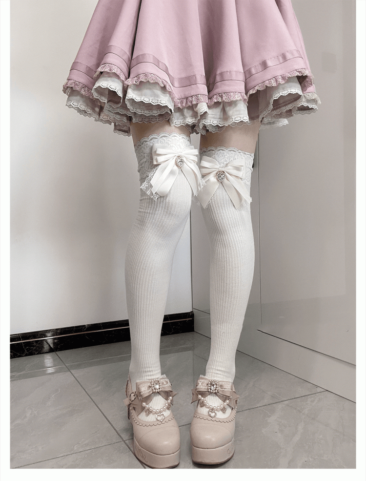Apricot Bow Detail Front Heart Rhinestone Jirai Kei Over Knee Stockings