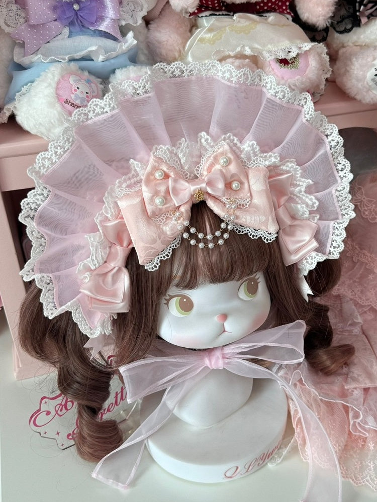 3 Color Options Lace Trim Bonnet + Beaded Charm Bowknot Brooch + Dual Bowknot Brooch Set