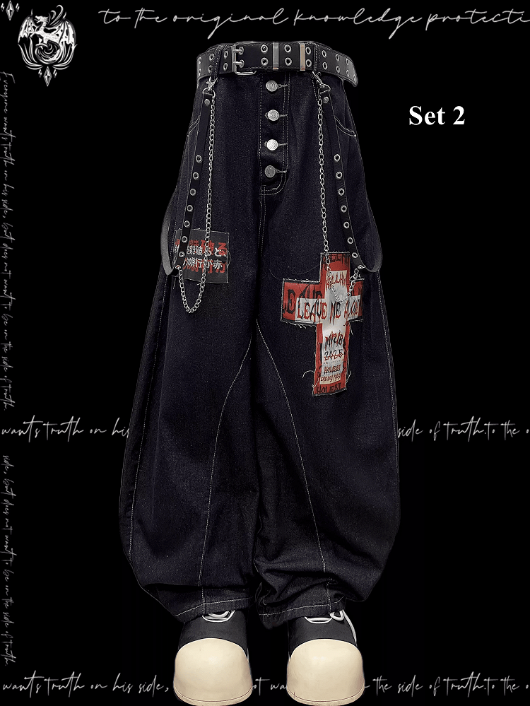 Cross Applique Dark Blue Buttons Fly Front Wide-leg Jeans