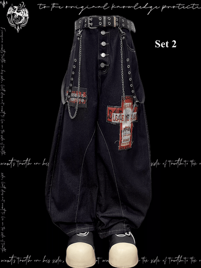 Cross Applique Dark Blue Buttons Fly Front Wide-leg Jeans