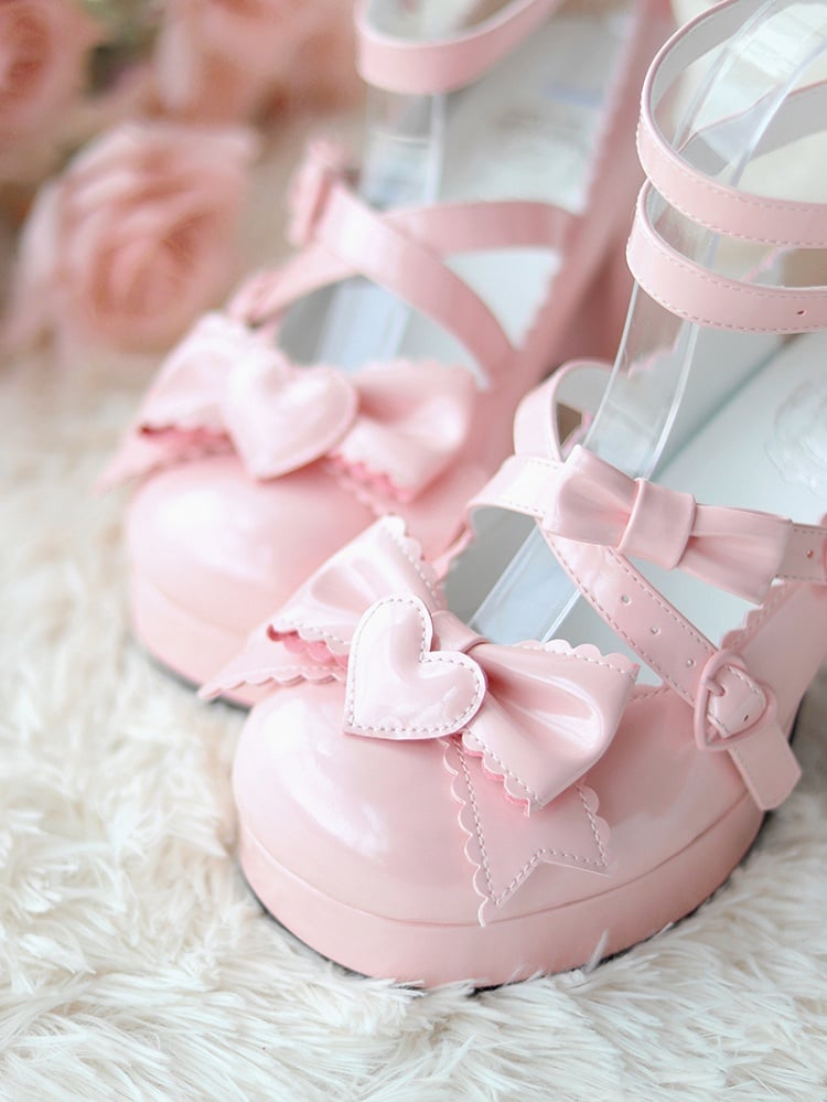 Pink Sweetheart and Bow Accents Sweet Lolita Platform High Block Heels