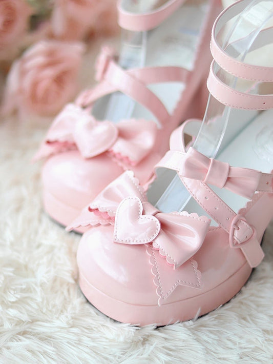 Pink Sweetheart and Bow Accents Sweet Lolita Platform High Block Heels