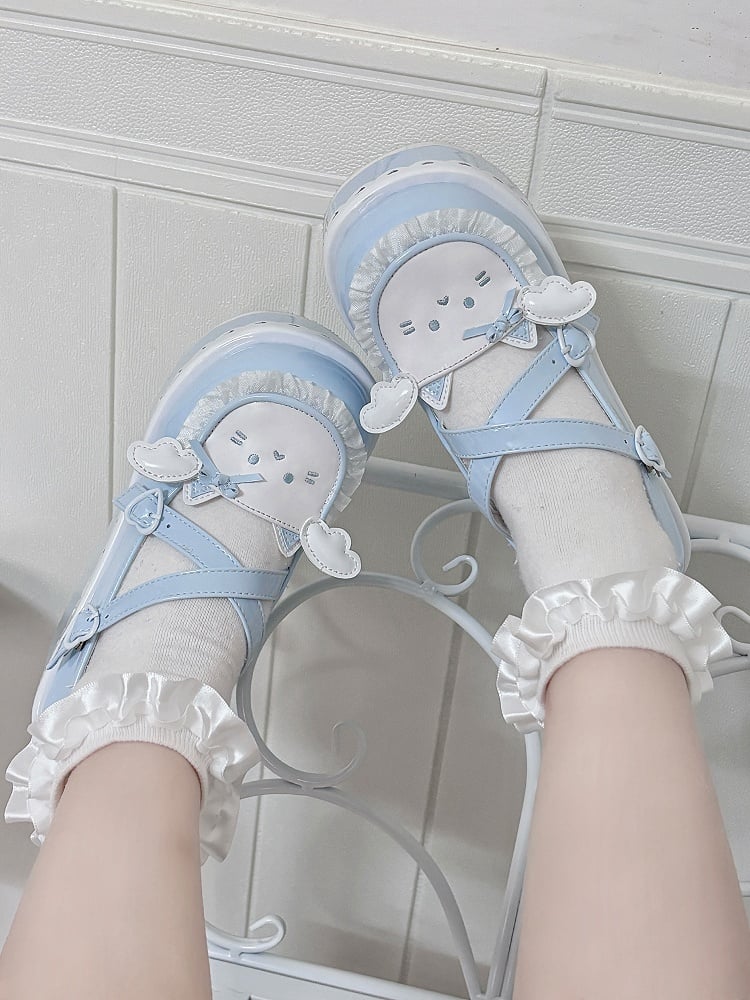 Tenshi Kaiwai Blue Round Toe Kitty Angel Heart Buckle Platform Lolita Shoes