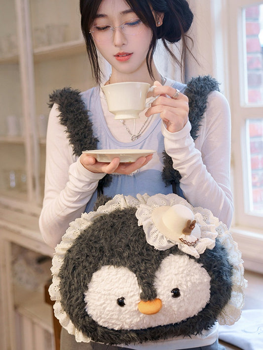 Gray Penguin-shaped Lace Trim Plush Backpack