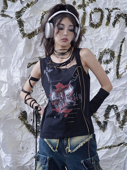 Punk Letters Print Black Lace-up Detail Sleeveless Top