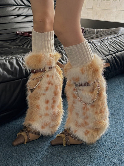 Pink/Dusty Blue/Yellow Y2K Buckle Straps Shaggy Leg Warmers