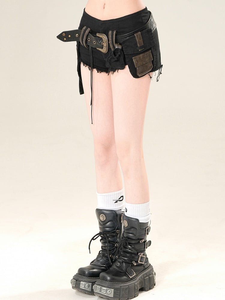 Black Low Rise Super Mini Shorts With Waist Belt
