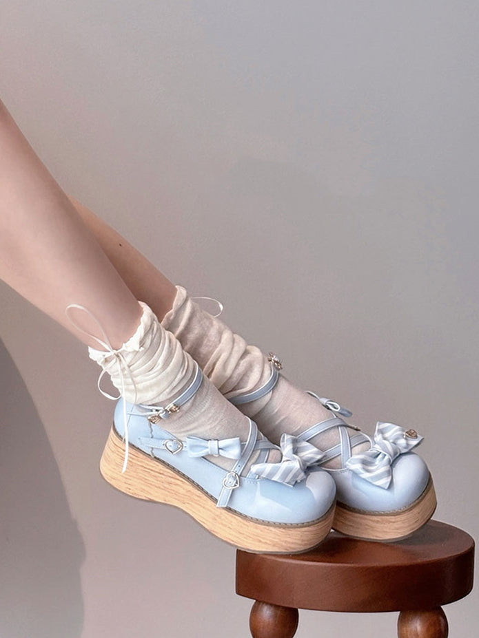 Striped Bow Accents Blue Round Toe Sweet Lolita Platforms Buckle Straps