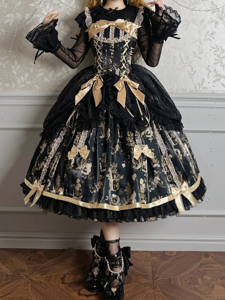 Black and Gold Corset Waist Drawstring Overlay Skirt Lolita Jumper Skirt