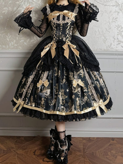 Black and Gold Corset Waist Drawstring Overlay Skirt Lolita Jumper Skirt