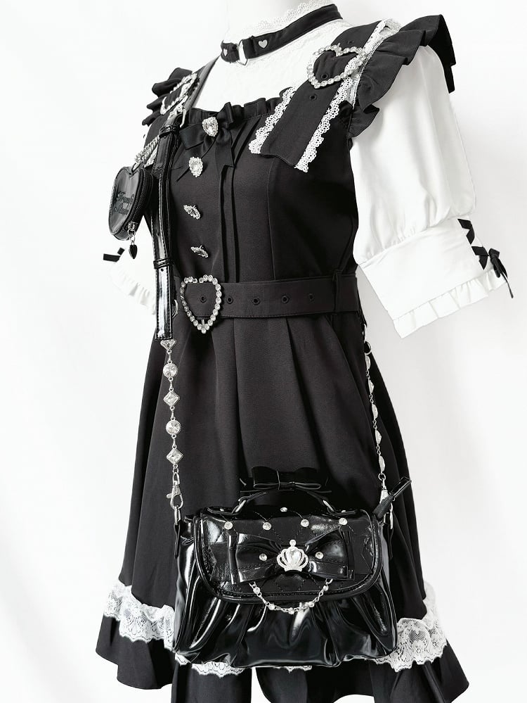 Black Jirai Kei Crossbody Bag - Interchangeable Rhinestone Strap & Crown Bow with Heart Bag