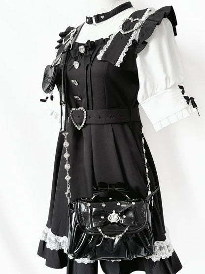 Black Jirai Kei Crossbody Bag - Interchangeable Rhinestone Strap & Crown Bow with Heart Bag