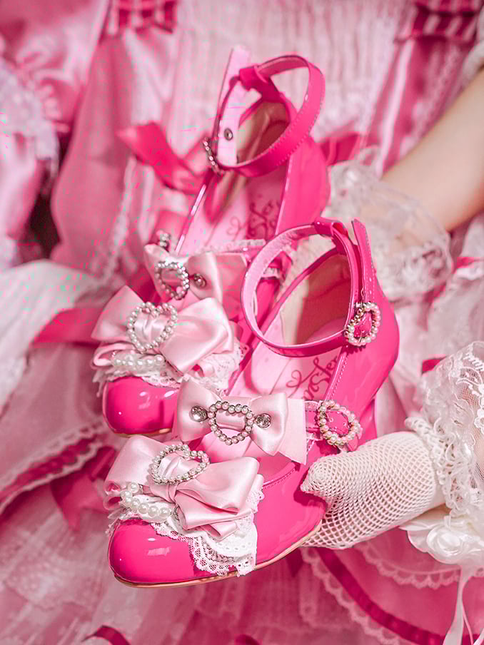 Barbie Pink Gyaru Fashion Heart Cut-out Wedge Heels Mary Janes Jirai Kei Shoes