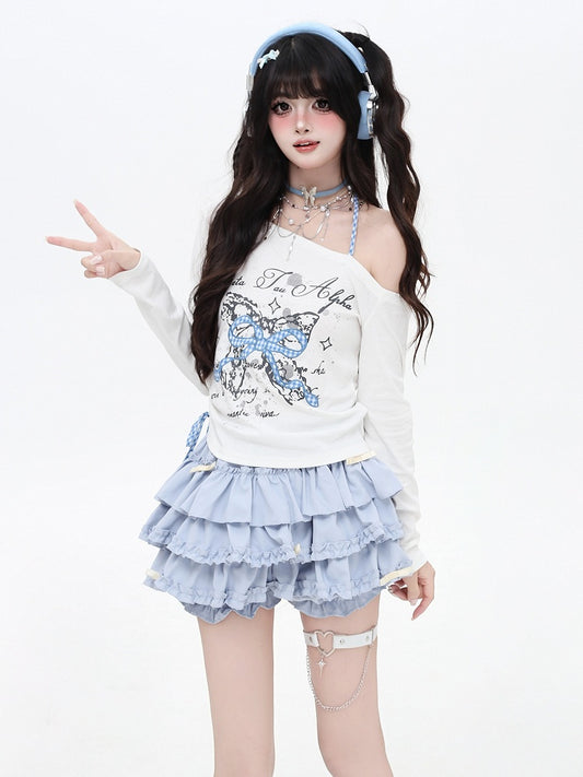 Asymmetrical Neckline Sweet Plaid Bowknot Applique White/Black Top