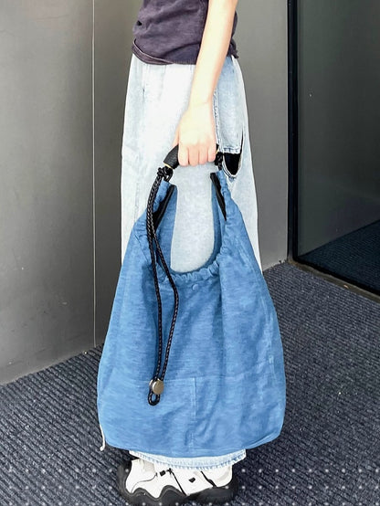 Blue Denim Large Capacity Tote Shoulder Bag With Adjustable Braided Strap