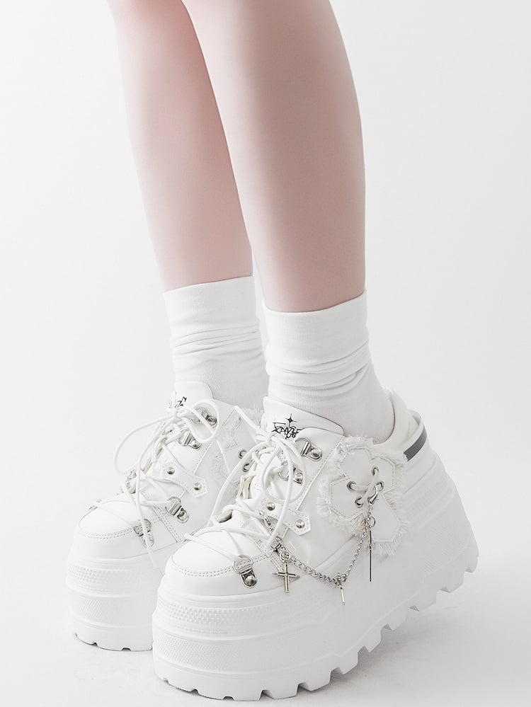White Punk Front Lace-up Ties Design Platform Shoes With Detachable Cross Charm Chain
