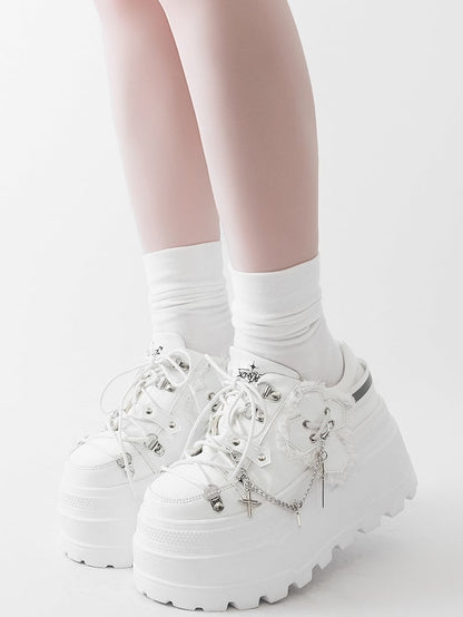 White Punk Front Lace-up Ties Design Platform Shoes With Detachable Cross Charm Chain