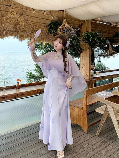 Plus Size Cheongsam Style Cape Design Purple Wisteria Print Qipao Dress