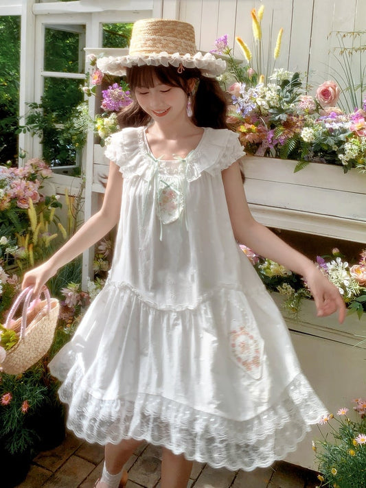 White Floral Embroidery Lace Trim Mori Kei Dress