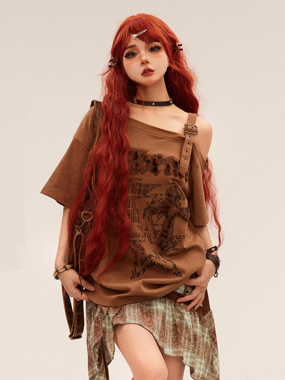 Gyaru Fashion Leopard Cross Applique Brown Asymmetrical Neckline T-shirt
