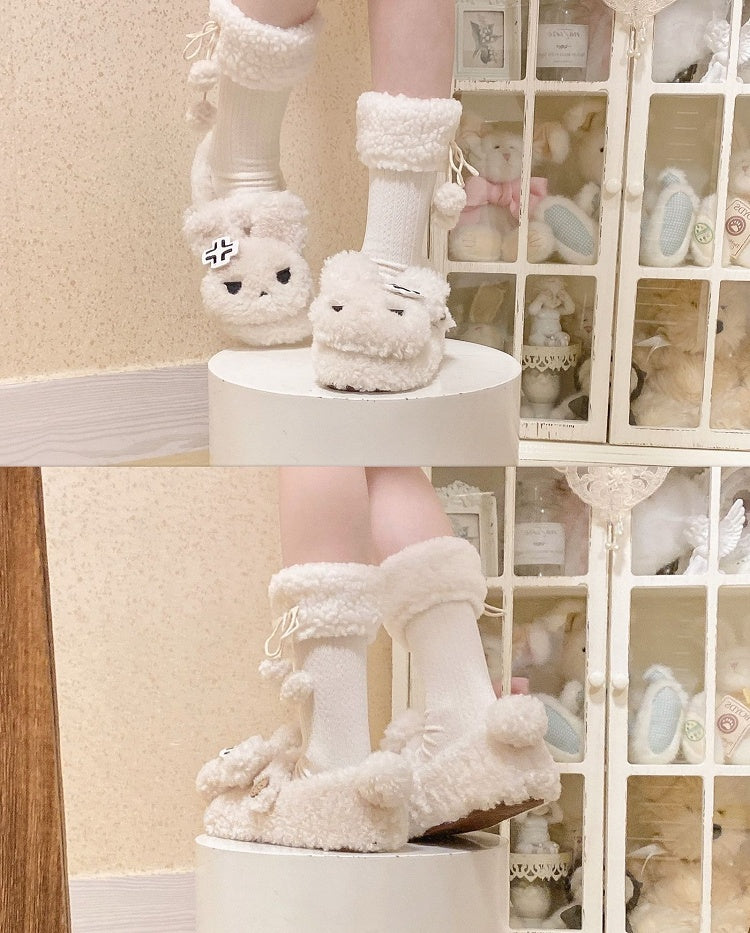 White Plush Bunny Sweet Lolita Slipons