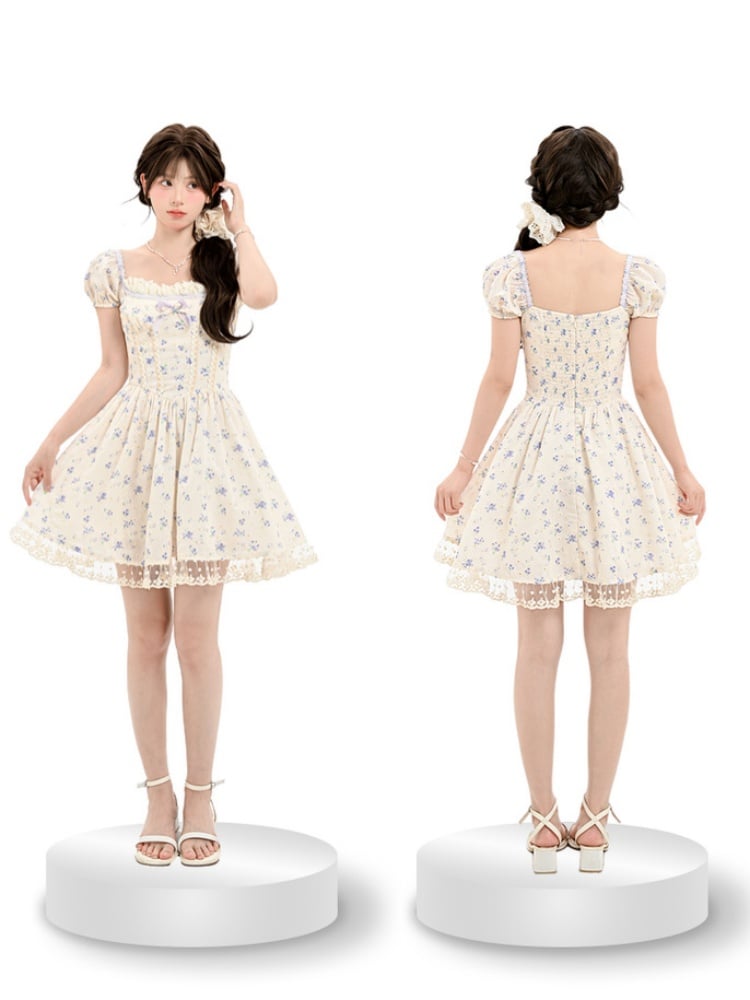 Beige Square Neckline and Short Puff Sleeves Mori Kei Floral Dress