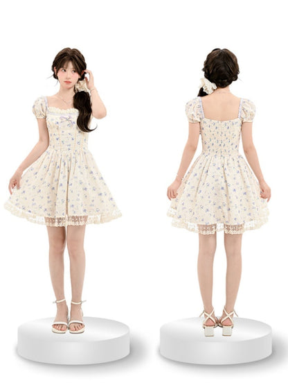 Beige Square Neckline and Short Puff Sleeves Mori Kei Floral Dress