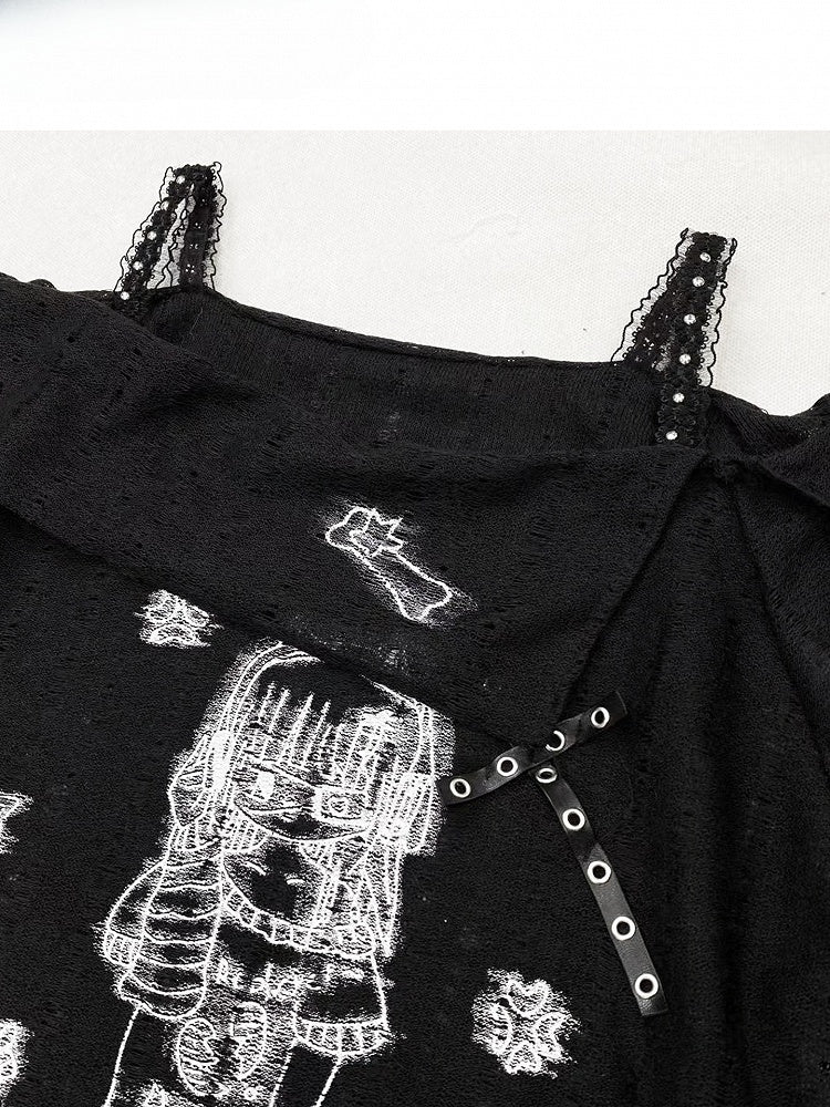 Black Off-the-shoulder Neckline Cartoon Girl Print Studs Details T-shirt