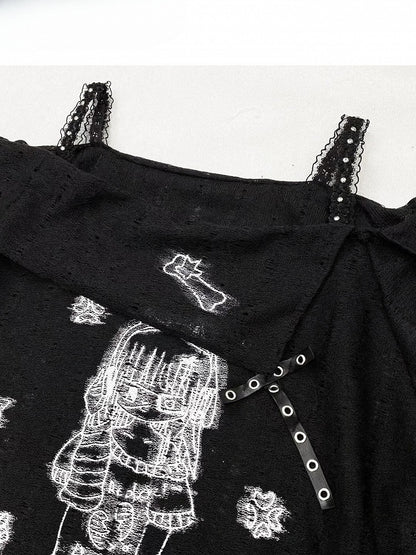 Black Off-the-shoulder Neckline Cartoon Girl Print Studs Details T-shirt
