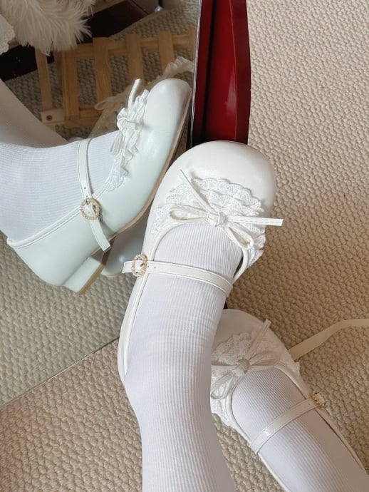White Knotted Bow Accent Lace Trim 2.2CM Heels Round Toe Mary Janes