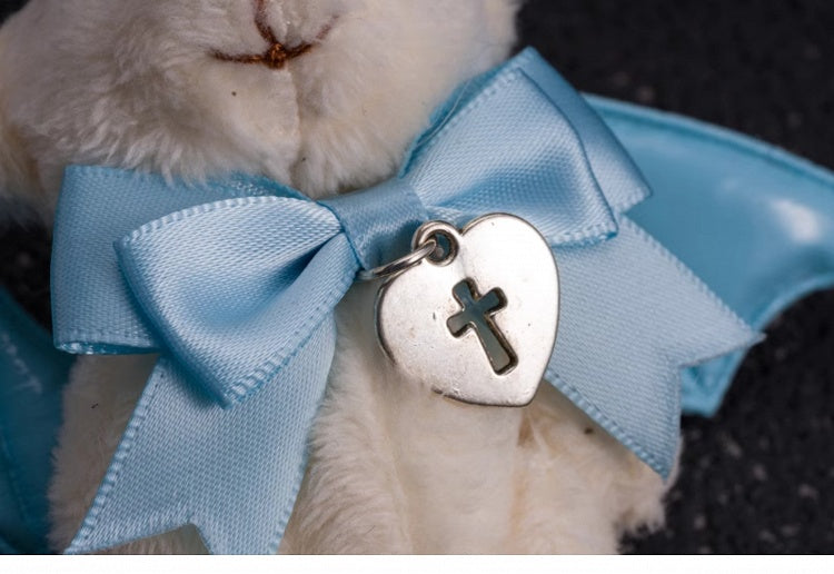 Handmade Bowknot White Teddy Hairclip with Blue Bat Wings