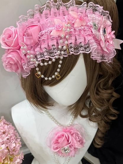 Pink Beaded And Heart Charm Floral Design Ruffled Hairband