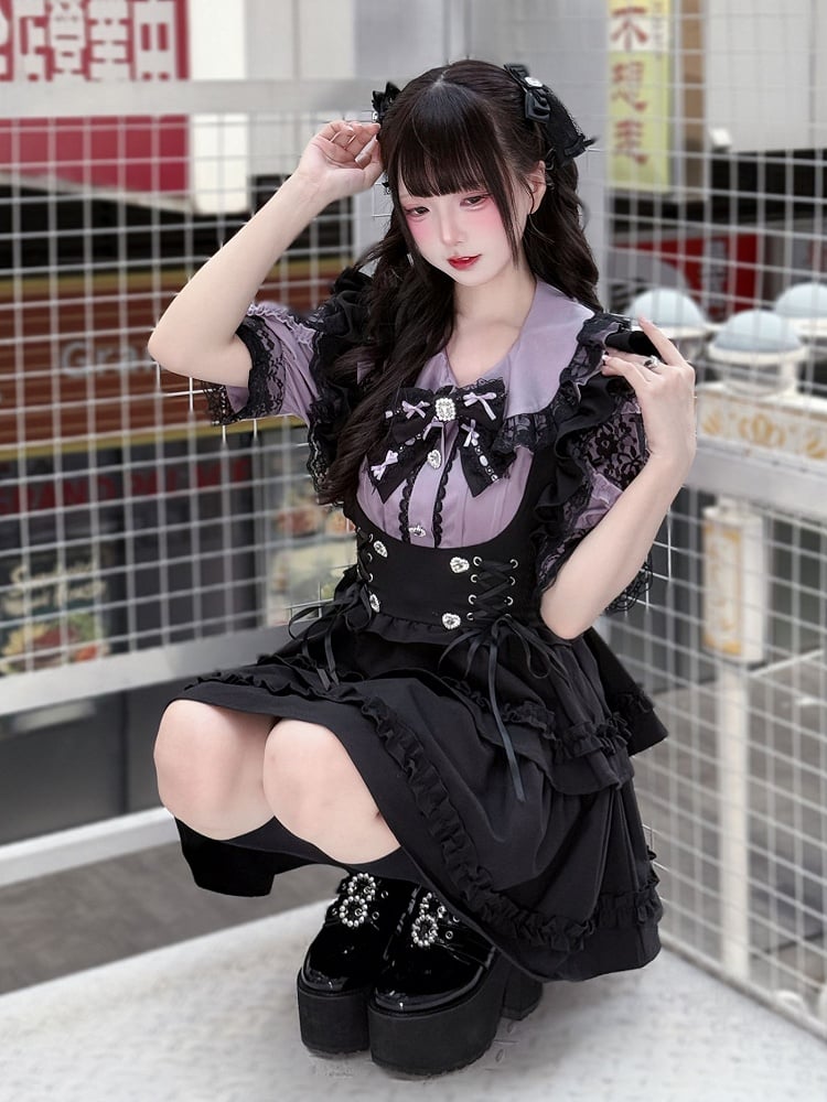 Purple Peter Pan Collar Blouse with Black Lace-up Waist Overall Skirt Jirai Kei Set