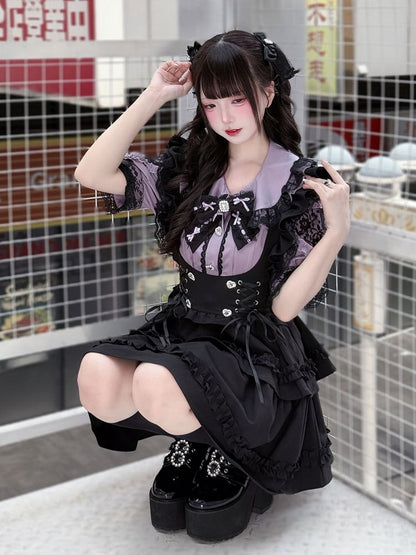 Purple Peter Pan Collar Blouse with Black Lace-up Waist Overall Skirt Jirai Kei Set